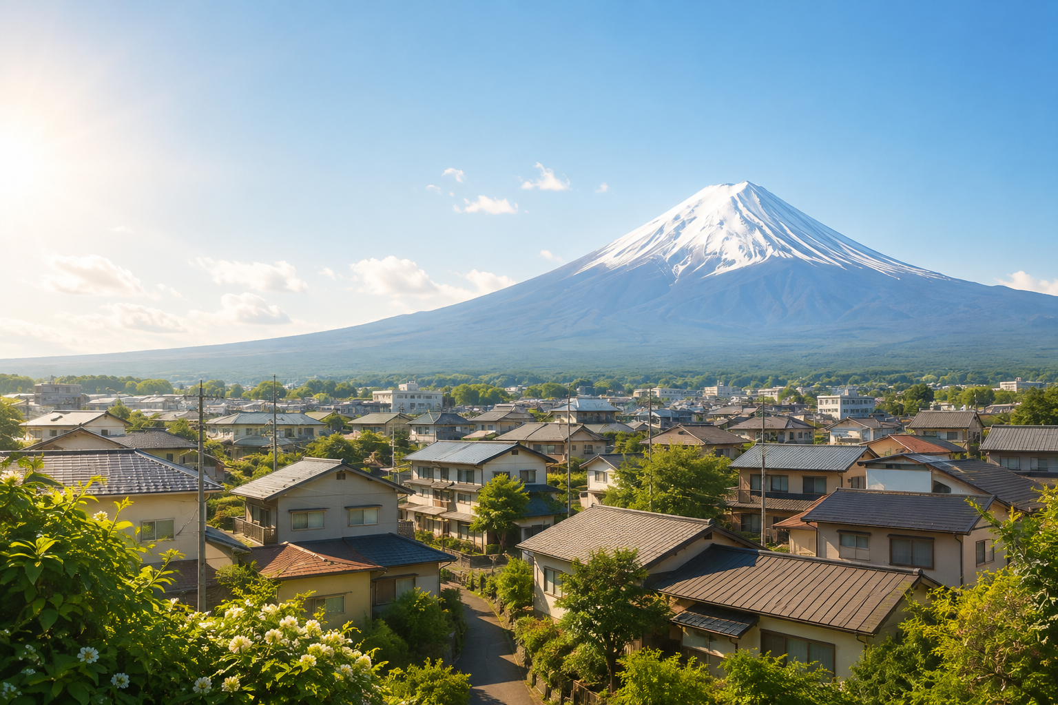 《聊天》中的 AI 配图：阳光下的屋群与远处的富士山